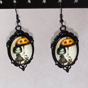 Creepy Cute Earrings, Halloween Earrings, Girl with Pumpkin Umbrella Earrings